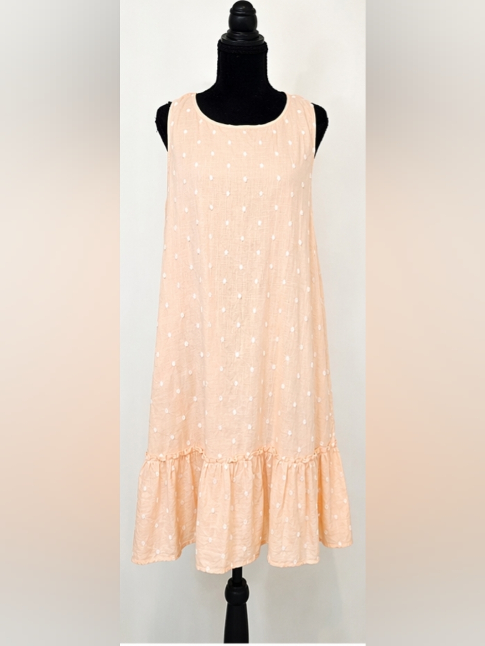LOFT peach polka dot dress sleeveless ruffle hem tie back cotton shift Cottage